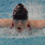 Photo by Joey Klecka/Peninsula Clarion Kenai Central swimmer JessiAnna McDonald races through the girls 50-yard butterfly Friday at the SoHi Pentathlon in Soldotna.