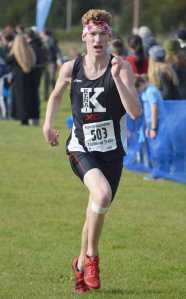 Photo by Jeff Helminiak/Peninsula Clarion Kenai Central junior Braden Olsen finishes seventh Saturday at the Region III meet at Tsalteshi Trails to qualify for Saturday's state meet.