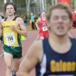 Photo by Joey Klecka/Peninsula Clarion Seward senior Hunter Kratz finishes second to Galena's Hunter Moos in the 1-2-3A boys race at the Bartlett High School trails in Anchorage.