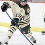 Photo by Jeff Helminiak/Peninsula Clarion Jonathan Marzec fires a shot on goal Friday against the Johnstown (Pennsylvania) Tomahawks at the Soldotna Regional Sports Complex.