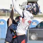 Photo by Joey Klecka/Peninsula Clarion Soldotna cornerback Jace Urban tries to cover a catch by North Pole receiver Jeremiah Howe in the second half of Saturday's medium-schools semifinal at Palmer High School.
