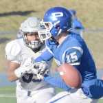Photo by Joey Klecka/Peninsula Clarion Soldotna linebacker Wendell Tuisaula eyes Palmer reciever Skyler Hale (15) in the second half of Saturday's medium-schools state championship at Palmer High School.