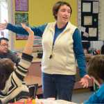 Photo by Megan Pacer/Peninsula Clarion Renee Christensen, a second grade teacher at Mountain View Elementary, quizes her students about what to do in the event of an earthquake moments before an earthquake drill Thursday, Oct. 20, 2016 at the school in Kenai, Alaska.
