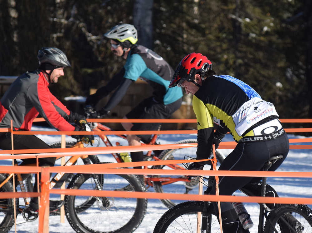 Photo by Joey Klecka/Peninsula Clarion Cyclists circle their way through the "vortex" section of the course Saturday at the Tsalteshi Trails.