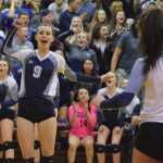 Photo by Joey Klecka/Peninsula Clarion Soldotna setter Abi Tuttle celebrates a point against Kenai Tuesday night at Kenai Central High School.