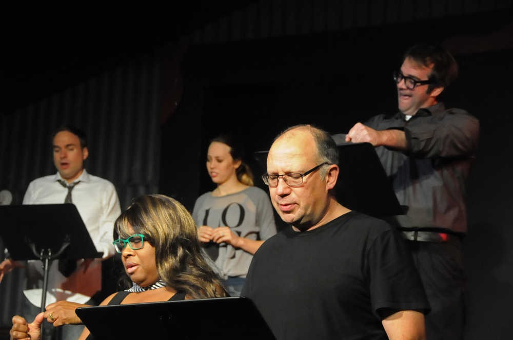 Photo by Elizabeth Earl/Peninsula Clarion Narrators from the "League of Clueless Voters" narrate what it is like for the average Alaskan to run for office during a dress rehearsal for Triumvirate Theatre's "Lame Ducks and Dark Horses" political satire play Monday, Oct. 24, 2016 near Kenai, Alaska.