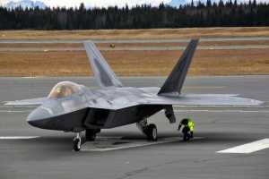 Photo by Ben Boettger/Peninsula Clarion An F-22 Raptor fighter jet takes off from the Kenai airport on Friday, Oct. 28, 2016.