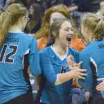 Photo by Joey Klecka/Peninsula Clarion Nikiski sophomore Emma Wik celebrates a semifinal win over Mt. Edgecumbe with her teammates Friday at the Class 3A state volleyball tournament at the Alaska Airlines Arena in Anchorage.