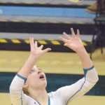 Photo by Joey Klecka/Peninsula Clarion Nikiski setter Bethany Carstens eyes the ball for a pass against Mt. Edgecumbe in Saturday's Class 3A state championship volleyball game at the Alaska Airlines Arena in Anchorage.