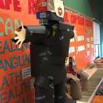 This pilgrim and turkey sculpture was created by students in Robert Stitt's class at Redoubt Elementary School in Soldotna using food items brought in by students for the school's "Canstruction" competition Thursday. Food items collected during the event will be donated to the Kenai Peninsula Food Bank. (Photo by Will Morrow/Peninsula Clarion)