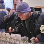 Ben Boettger/Peninsula Clarion Lynn Gray leans over to smell a marijuana sample in Kenai's first marijuana store, Red Run Cannabis, on Monday, Nov. 21 in Kenai.  Red Run opened on Monday after being permitted by Kenai in April.