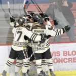 Photo by Jeff Helminiak/Peninsula Clarion The Kenai River Brown Bears celebrate a first-period goal by Anthony Tzveyn on Friday at the Soldotna Regional Sports Complex.