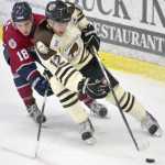 Photo by Jeff Helminiak/Peninsula Clarion Jordan Holmes of the Brown Bears shields the puck from Colton Fletcher of the Ice Dogs on Friday at the Soldotna Regional Sports Complex.