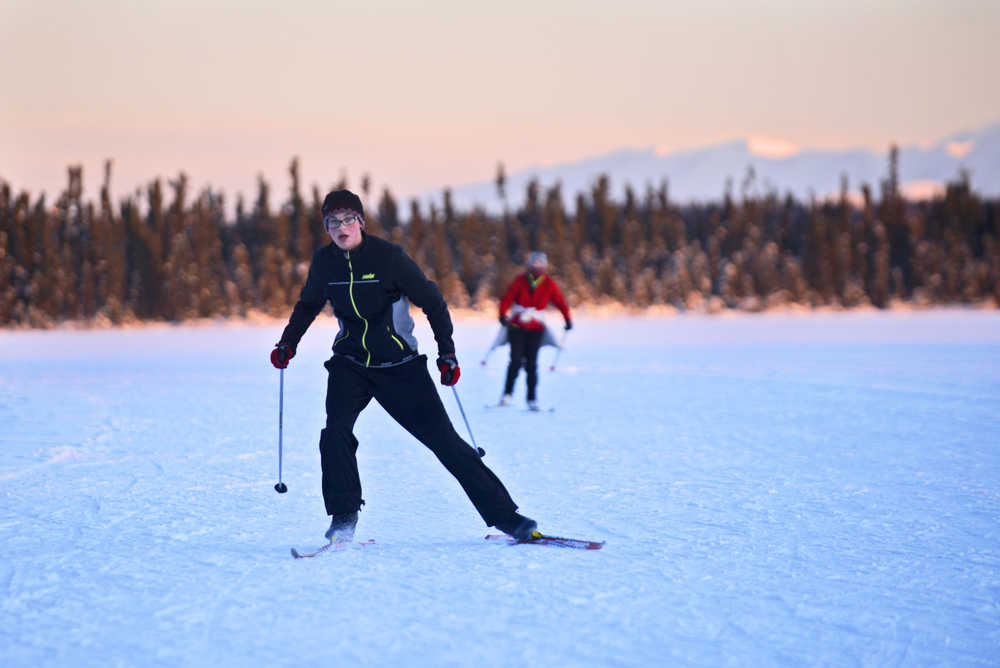 Ben Boettger/Peninsula Clarion Skiers practice on Headquarters Lake in the Kenai National Wildlife Refuge on Nov. 30, 2016 near Soldotna.