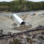 An aerial photo of the longest of five culverts being installed under the Sterling Highway. (Photo by Shaun Combs, DOT&PF)
