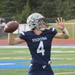 Soldotna junior Jersey Truesdell winds up for a pass Friday against North Pole at Soldotnas Justin Maile Field. (Photo by Joey Klecka/Peninsula Clarion)