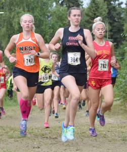 Kenai Central freshman Logan Satathite competes in her first varsity race Saturday, Aug. 18, 2018, at the Tsalteshi Invitational at Tsalteshi Trails. (Photo by Jeff Helminiak/Peninsula Clarion)