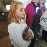 Nikiski 4-H club member Evelyn Reichert carries a rabbit out to the auction Kenai Peninsula Fair on Aug. 18, 2018 in Ninilchik, Alaska. (Photo by Elizabeth Earl/Peninsula Clarion)
