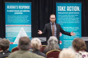 Andy Jones, director for the Alaska Office of Substance Misuse and Addiction Prevention, speaks during a community meeting in the Elizabeth Peratrovich Hall on Tuesday, March 27, 2018, on what Juneau needs to fight opioid misuse. (Michael Penn | Juneau Empire File)