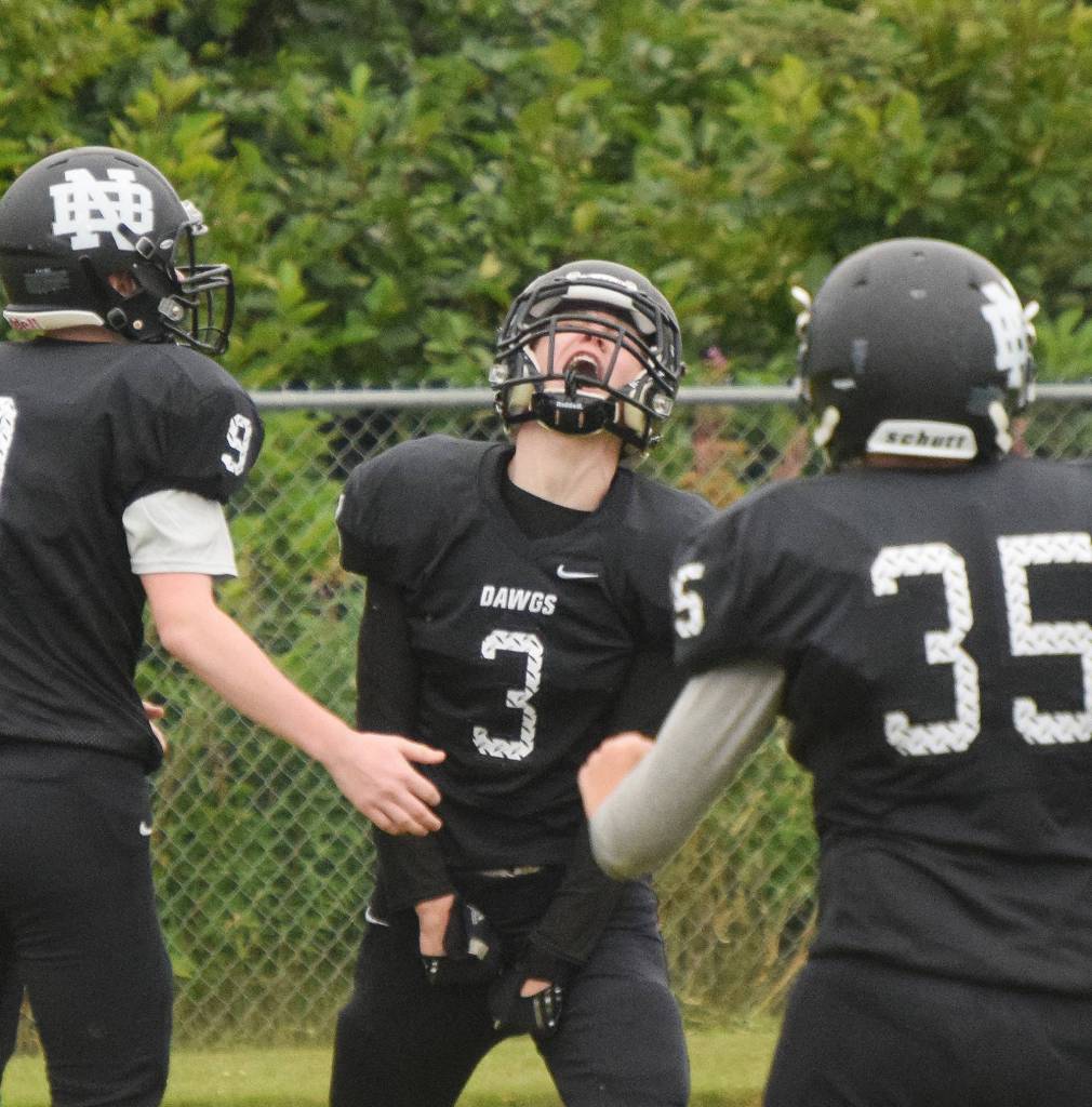 Nikiski junior Sam Berry (3) lets out a roar of celebration after scoring a touchdown early Saturday against Valdez at Nikiski High School. (Photo by Joey Klecka/Peninsula Clarion)
