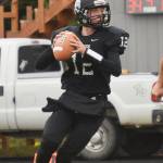 Nikiski junior Noah Litke scans the field for an open receiver Saturday against Valdez at Nikiski High School. (Photo by Joey Klecka/Peninsula Clarion)