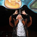 Sword swallower Dan Meyer demonstrates the technique during a show at the Kenai Peninsula Fair on Saturday, August 18, 2018 in Ninilchik, Alaska. (Photo courtesy Ben Boettger)