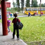 Students were welcomed to their first day of school with bubbles and jazz music on Tuesday, Aug. 21, 2018, at Mountain View Elementary in Kenai, Alaska. (Photo by Victoria Petersen/Peninsula Clarion)
