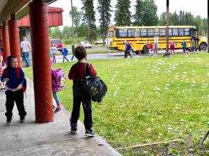 Students were welcomed to their first day of school with bubbles and jazz music on Tuesday, Aug. 21, 2018, at Mountain View Elementary in Kenai, Alaska. (Photo by Victoria Petersen/Peninsula Clarion)