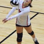 Kenai freshman Jenna Streiff lifts the ball Saturday at the Shayna Pritchard Memorial tournament at Nikiski High School. (Photo by Joey Klecka/Peninsula Clarion)
