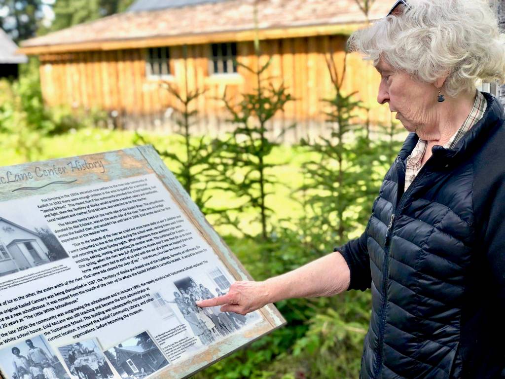 Vice President of the Kasilof Regional Historical Association, Alicia Morgan walks through the museums self-guided tour on Wednesday, Aug. 29, 2018, in Kasilof, Alaska. (Photo by Victoria Petersen/Peninsula Clarion)