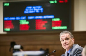 Senate President Kevin Meyer, R-Anchorage, watches a vote on an amendment to SB 30, a bill to regulate marijuana, at the Capitol at the Capitol in Juneau, Alaska, on Monday, March 30, 2015. Senators voted 17-3 to pass the bill, which outlines crimes for possessing more than 1 ounce of marijuana, the threshold voters approved last November for personal use by adults.