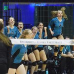 Seward libero Kimmie Hubbard (in pink) digs for a ball with teammate Tia Miranda, Friday against Monroe Catholic in the Class 3A state volleyball tournament held at the Alaska Airlines Arena in Anchorage.