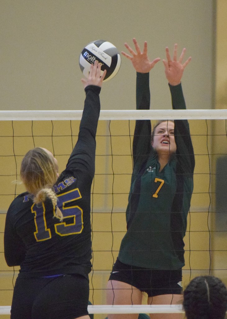 Nikiski's Ayla Pitt (10) and Jamie Yerkes team up to block a shot by Mt. Edgecumbe hitter Haylee Steffes (15) Friday evening at the Class 3A state volleyball tournament held at the Alaska Airlines Arena in Anchorage.