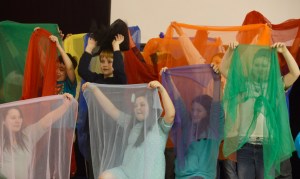 Students in Cindy Hurst's class give a theatrical presentation to demonstrate what "Kaleidoscope is," on Wednesday, Nov. 25, 2015 at Kaleidoscope School of Arts and Sciences in Kenai, Alaska. The school celebrated being selected as a 2015 National Blue Ribbon School.