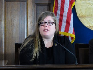 Alaska state Rep. Geran Tarr speaks to reporters during the House majority&rsquo;s weekly news conference on Tuesday, Jan. 24, 2017, in Juneau, Alaska. Tarr has introduced legislation that seeks to temporarily bar access to guns by people deemed by a judge to be a danger to themselves or others. (AP Photo/Becky Bohrer)