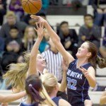Juneau-Douglas&rsquo; Kendyl Carson, left, has her shot blocked by Soldotna&rsquo;s Danica Schmidt at Juneau-Douglas High School on Friday, Feb. 3, 2017. JDHS won 48-46. (Photo by Michael Penn/Juneau Empire)