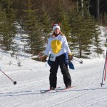 Jane Handy, Colleen Sinnott and JoEllen Fowler ski at the Ski For Women on Sunday at Tsalteshi Trails. Handy served as "Le Chef," while Sinnott and Fowler were deviled eggs. The back of Handy's sandwich board read "Le Chef's Specialty?? Deviled Eggs."