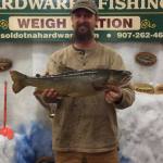 Jimmie Miller and Jeremy Malloy are tied for the lead in the Trustworthy Hardware and Fishing ice fishing derby with 7.66-pound Lake Trout. The derby continues through the end of the month.