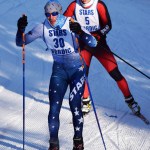 Soldotna&rsquo;s Koby Vinson (30) and Kenai Central&rsquo;s Karl Danielson race for the lead at the Kenai Peninsula Borough meet Saturday, Feb. 11, at the Tsalteshi Trails. (Photo by Joey Klecka/Peninsula Clarion)