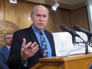 Alaska Gov. Bill Walker speaks during a news conference in which he outlined legislation aimed at further addressing opioid abuse in the state on Monday, March 6, 2017, in Juneau, Alaska. (AP Photo/Becky Bohrer)