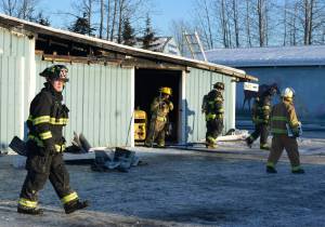 Central Emergency Services responded to a fire at Cad-Re Feeds in Soldotna on Thursday, March 16, 2017 in addition to a second fire that took place on Swanson River Road earlier that evening. (Kat Sorensen/Peninsula Clarion)