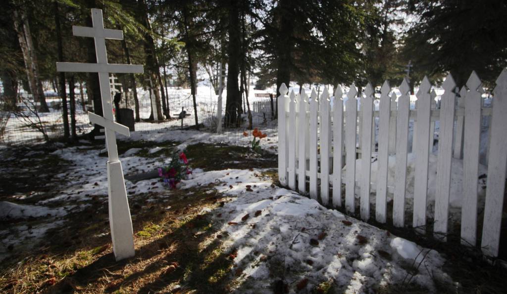 Grave markers stand in Kenai’s cemetery on Friday, March 17, 2017 in Kenai, Alaska. With the number of open plots in the cemetery shrinking, the Kenai City Council on Wednesday unanimously approved a moratorium on purchasing graves in advance for those still living. (Ben Boettger/Peninsula Clarion)