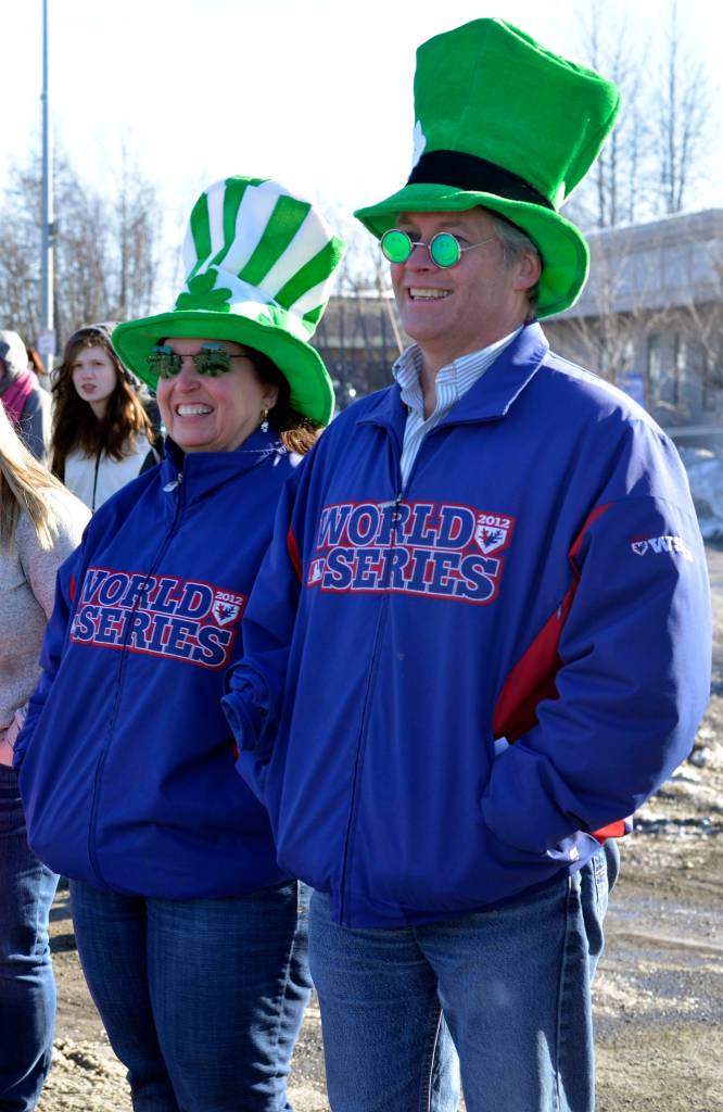 John and Nan Clonan wore their most Irish hats to watch the Soldotna St. Paddy&rsquo;s Day Parade on Friday, March 17, 2017 in Soldotna, Alaska. (Kat Sorensen/Peninsula Clarion)