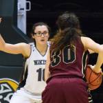 Nikiski&rsquo;s Ayla Pitt defends Grace Christian&rsquo;s Sarah Laker (30) in the Class 3A state quarterfinal contest Thursday, March 23, 2017, at the Alaska Airlines Center in Anchorage. (Photo by Joey Klecka/Peninsula Clarion)