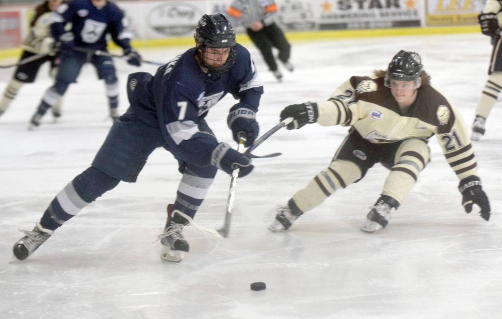 Kenai River Brown Bears forward Carter Wade pressures Wilkes-Barre/Scranton (Pennsylvania) Knights forward Adrian Danchenko on Friday, March 24, 2017, at the Soldotna Regional Sports Complex. (Photo by Jeff Helminiak/Peninsula Clarion)