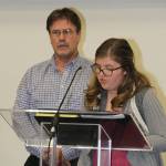 Brittany Gilman reads an official Job Shadow Day proclamation for Kenai Mayor Brian Gabriel.