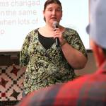 Ashley Blatchford of the LeeShore Center speaks to an audience about the Green Dot program during this year&rsquo;s Alaskans Choose Respect march and event Thursday, March 30, 2017 at the Kenai Chamber of Commerce and Visitor Center in Kenai, Alaska. (Megan Pacer/Peninsula Clarion)
