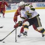 Forward Brad Duwe (18) and a Ferris State player compete for possession of the puck during the second period Jan. 7, 2016. (Photo provided by UAA Athletics)