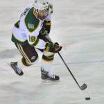 Forward Brad Duwe controls the puck in a game against Bowling Green on Oct. 31, 2015. (Photo provided by UAA Athletics)