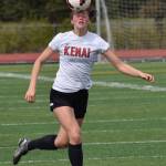 Kenai Central junior Lara Creighton gets her head on the ball May 19, 2016, against Palmer at the Northern Lights Conference tournament at Ed Hollier Field in Kenai. (Photo by Joey Klecka/Peninsula Clarion)